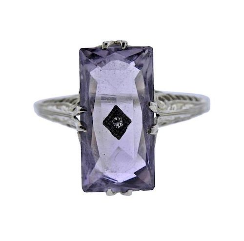  Art Deco 14K Gold Purple Stone Filigree Ring