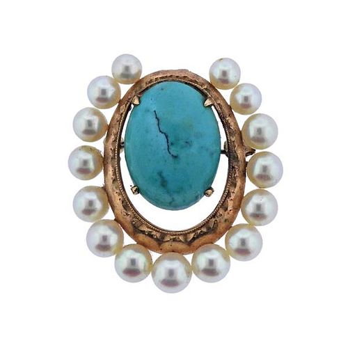 14K Gold Pearl Turquoise Pendant Brooch