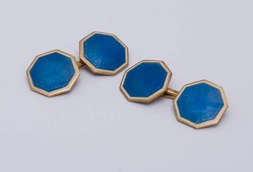 PAIR OF 10K YELLOW GOLD AND BLUE ENAMEL CUFFLINKS