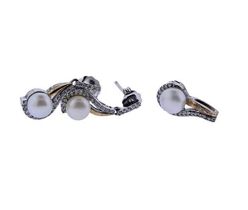 14K Gold Sterling Diamond Pearl Earrings Pendant Set 