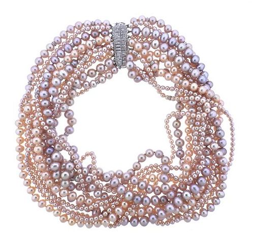 18K Gold Diamond Pink Pearl Multi Strand Necklace