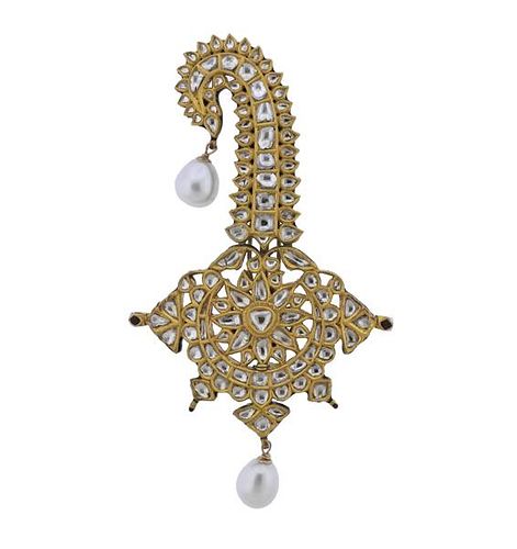 Indian High Karat  Gold Diamond Pearl Enamel Brooch