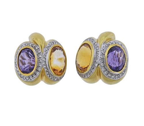 18K Gold Diamond Amethyst Citrine Earrings