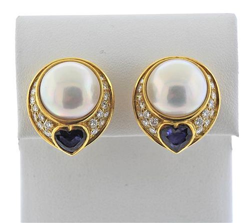 18K Gold Diamond Sapphire Pearl Earrings