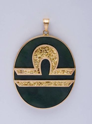NEPHRITE AND 14K YELLOW GOLD MOUNTED OVAL LIBRA" PENDANT"