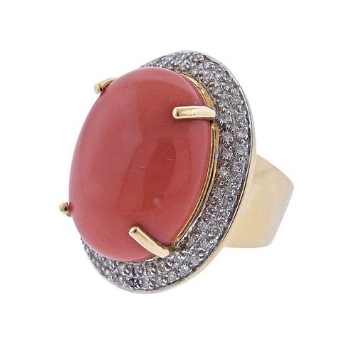 Large 14k Gold Coral Diamond Cocktail Ring 