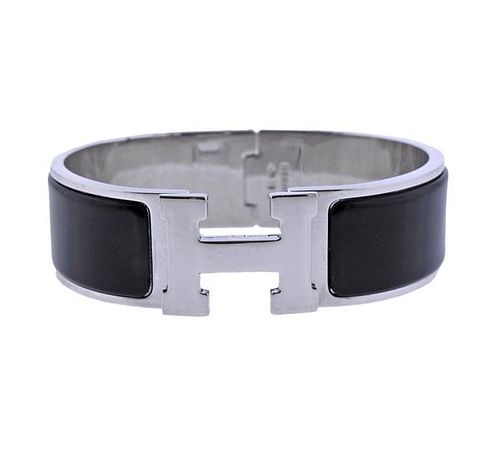 Hermes H Silver Tone Metal Black Bangle Bracelet