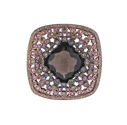 18K Gold Diamond Smoky Quartz Pink Stone Ring