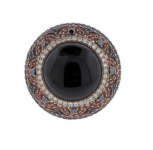 18k Gold Diamond Ruby Onyx Large Cocktail Ring 