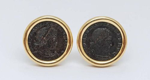 PAIR OF 18K YELLOW GOLD AND BRONZE COIN EARRINGS BY VIRGINIA, CAPRI, ITALY