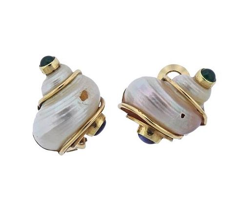 Seaman Schepps 14k Gold Shell Gemstone Earrings 