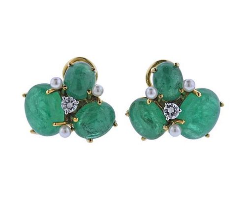 Seaman Schepps 18k Gold Diamond Pearl Emerald Earrings 