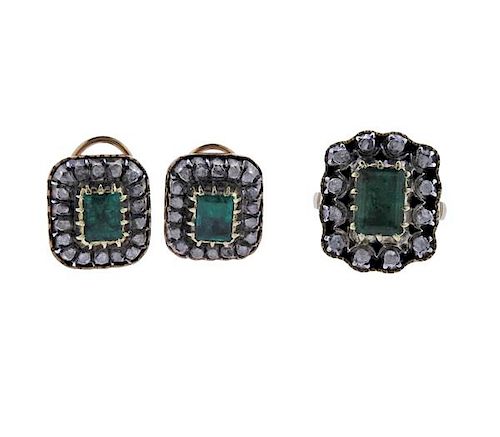 Silver 18k Gold Emerald Diamond Ring Earrings Set 