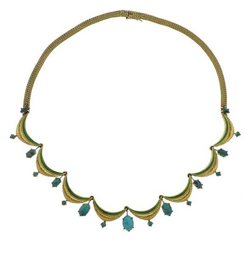 18k Gold Turquoise Enamel Necklace 