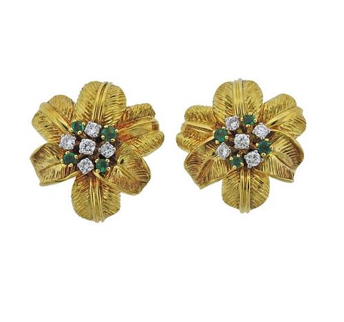 18K Gold Diamond Emerald Flower Earrings