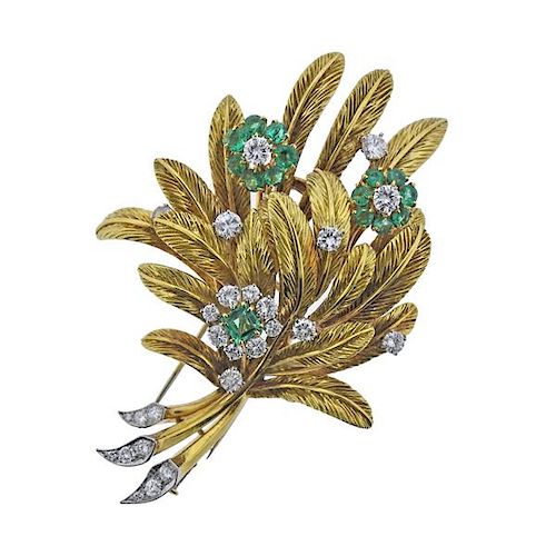 18K Gold Diamond Emerald Flower Brooch