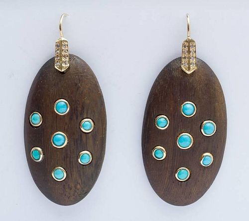 PAIR OF 14K YELLOW GOLD, WOOD, TURQUOISE AND DIAMOND EARRINGS, DESIGNED BY MARCELLA CICERI