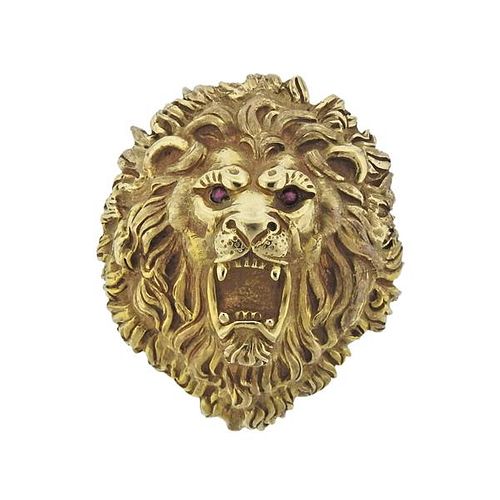 Large 18k Gold Ruby Lion Head Pendant  Brooch 