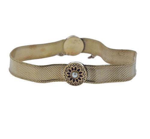 Mid Century 14k Gold Pearl Enamel Bracelet 