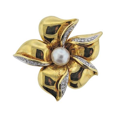 Asayo 18K Gold Diamond Pearl Flower Brooch