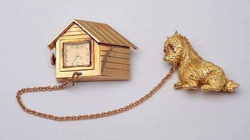 VINTAGE 14K YELLOW GOLD AND RUBY DOG HOUSE WATCH PIN
