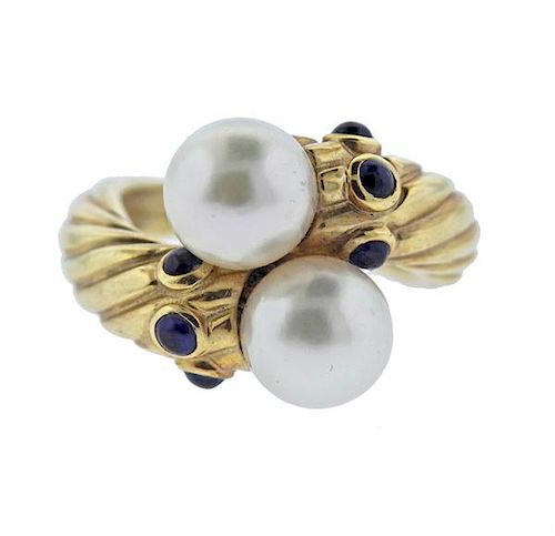14K Gold Pearl Sapphire Bypass Ring