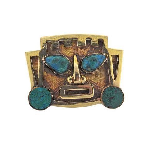 18K Gold Hardstone  Mask Pendant Brooch