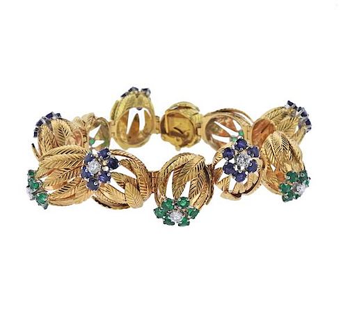 French 18K Gold Diamond Emerald Sapphire Bracelet
