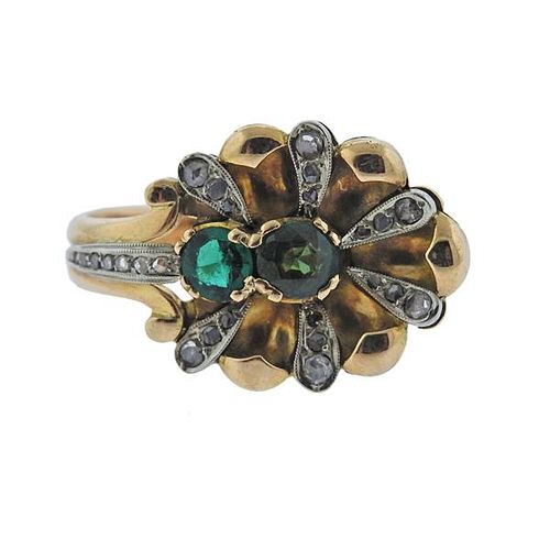 Antique 18K Gold Diamond Green Gemstone Ring
