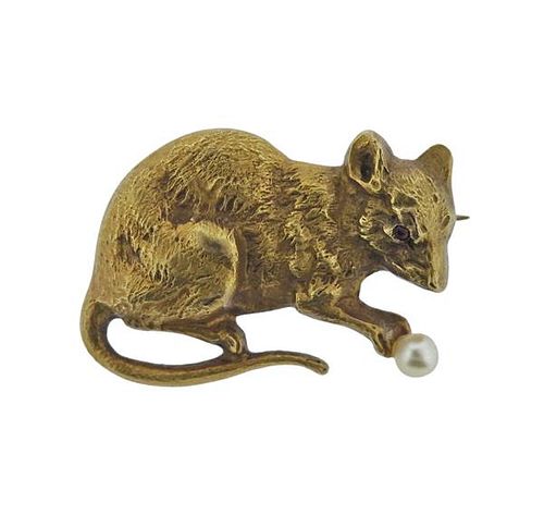 18K Gold Pearl Pink Stone Mouse Brooch