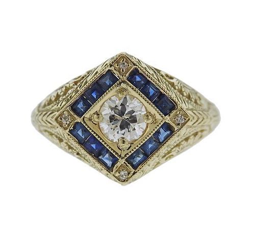 Filigree 18K Gold Diamond Blue Gemstone Ring
