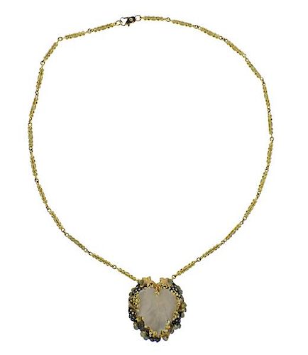 18K Gold Diamond Crystal Enamel Pendant Necklace