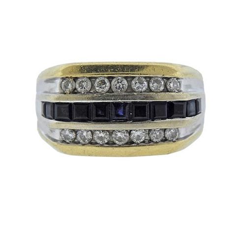 14K Gold Diamond Sapphire Man&#39;s Ring