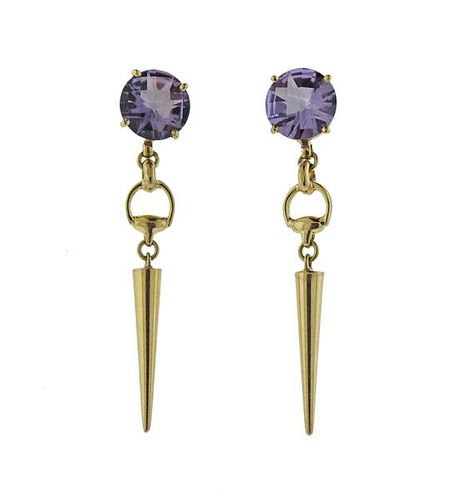 Gucci 18K Gold Purple Stone Dangle Earrings