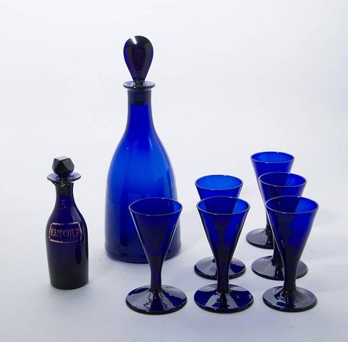SET OF SIX BRISTOL BLUE GLASS FUNNEL LIQUEURS, A MALLET-FORM DECANTER AND STOPPER AND A CRUET AND STOPPER 'KETCHUP'
