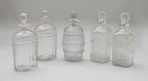 TWO PAIRS OF GLASS DECANTERS AND STOPPERS AND A SINGLE BARREL-FORM DECANTER AND STOPPER