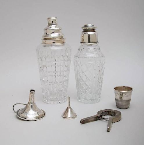HAWKES CUT-GLASS COCKTAIL SHAKER WITH SILVER COVER AND FRENCH CUT-GLASS COCKTAIL-SHAKER WITH SILVER-PLATED LID