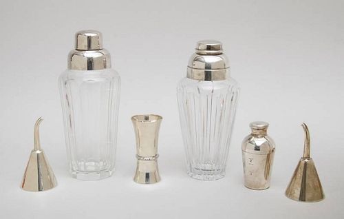TWO FRENCH CUT-GLASS COCKTAIL SHAKERS WITH SILVER-PLATED LIDS