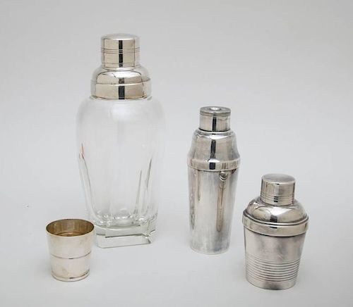 FRENCH CUT-GLASS COCKTAIL SHAKER WITH SILVER-PLATED LID AND A MAPPIN AND WEBB PRINCES PLATE SMALL SHAKER