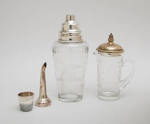 AMERICAN ENGRAVED GLASS SHAKER WITH SILVER-PLATED LID AND AN AMERICAN CUT-GLASS AND SILVER-PLATED SHAKER/PITCHER