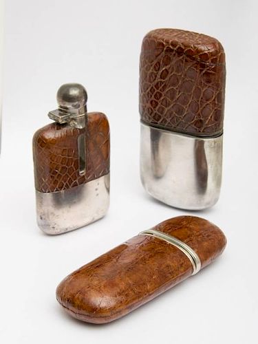 ENGLISH SILVER-MOUNTED AND ALLIGATOR SKIN-CLAD GLASS SMALL FLASK