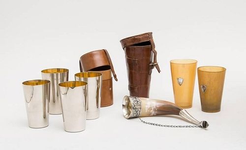 RUSSIAN NIELLO SILVER-MOUNTED DRINKING HORN AND TWO ENGLISH BEAKER CADDIES