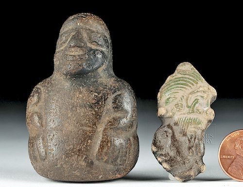 Pair of Classic Mayan Pottery Pendant & Seated Figure