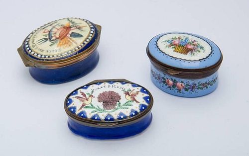 THREE SOUTH STAFFORDSHIRE BRASS-MOUNTED ENAMEL SNUFF BOXES