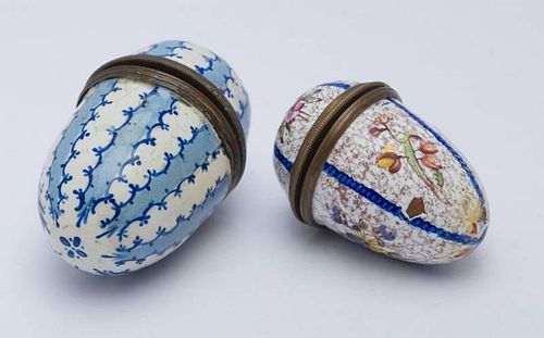 TWO VICTORIAN STAFFORDSHIRE BRASS-MOUNTED ENAMEL EGG-FORM BOXES