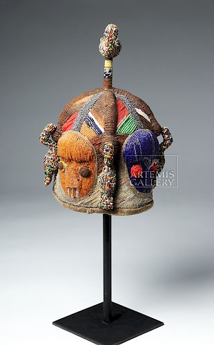 20th C. African Yoruba Beaded Ade Oba Helmet Crown
