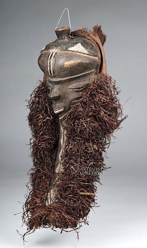 20th C. African Pende Wooden Mask w/ Raffia