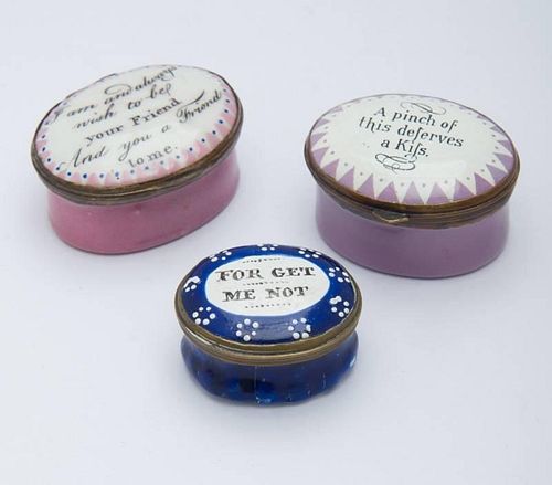 THREE SOUTH STAFFORDSHIRE BRASS-MOUNTED ENAMEL SNUFF BOXES