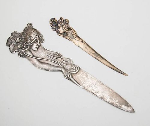 AMERICAN ART NOUVEAU SILVER PAGE CUTTER AND A BRASS CUTTER