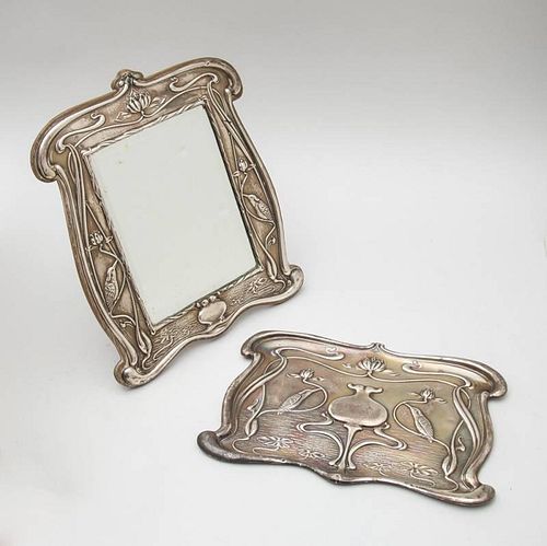ENGLISH ART NOUVEAU SILVER-ON-OAK DRESSING TABLE MIRROR AND A MATCHING TRAY
